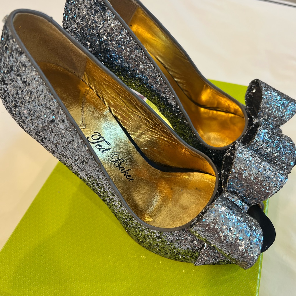 Ted Baker Silver Sparkle Bow Heels